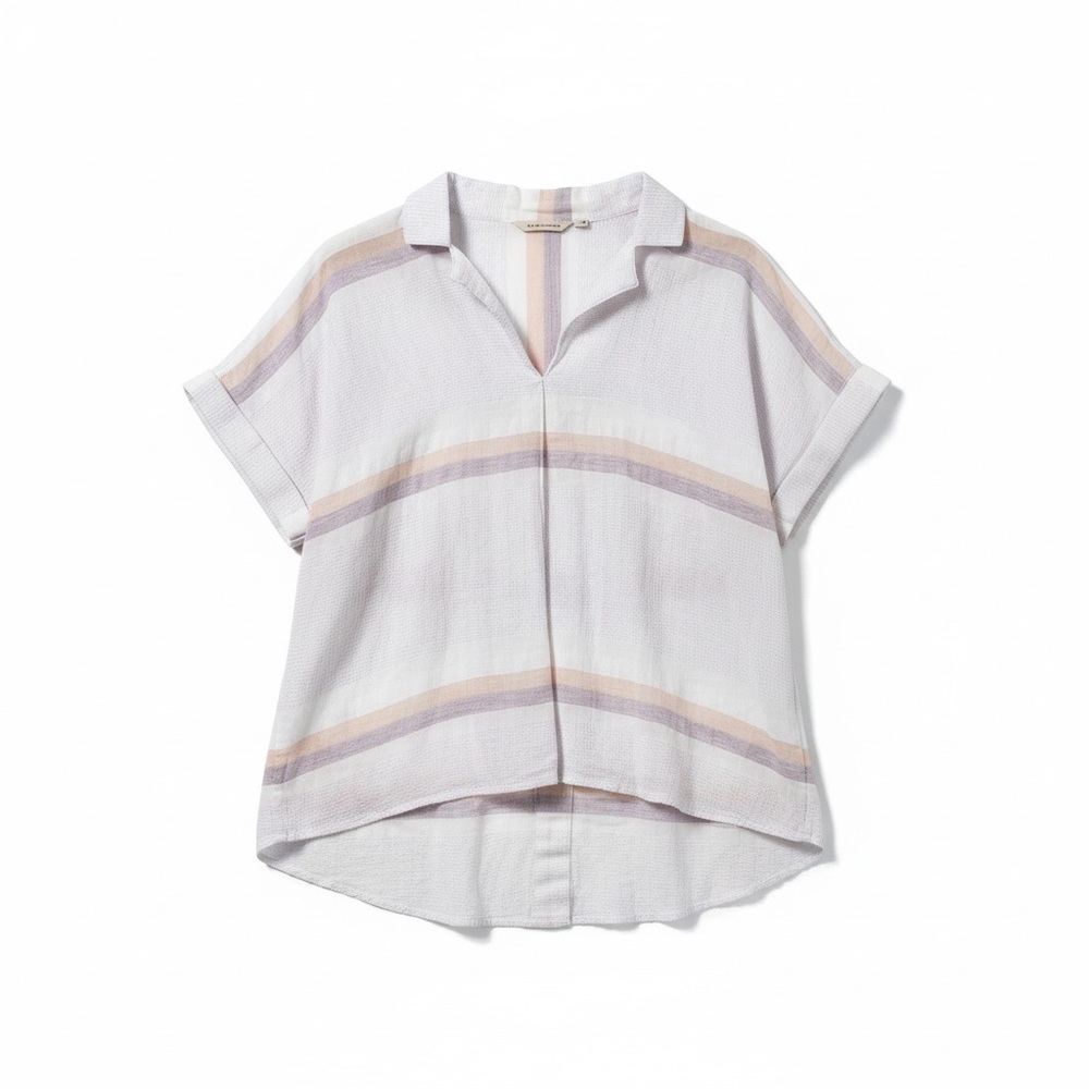 Soft Surroundings Tunic Top Hi Lo V-Neck Textured White Purple L Summer Boho